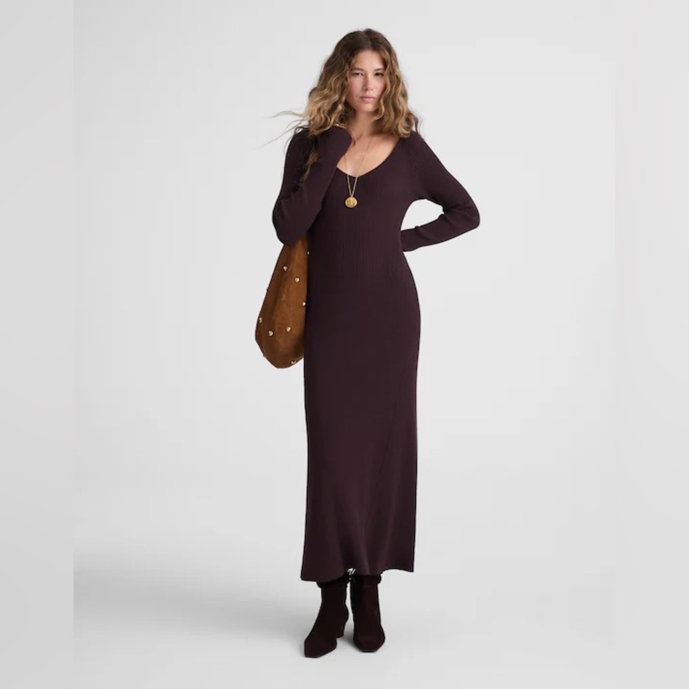 Madewell Espresso Brown V-Neck Long Knit Sleeve Dress